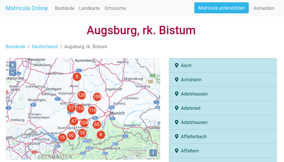 Screenshot von Matricula für Bistum Augsburg